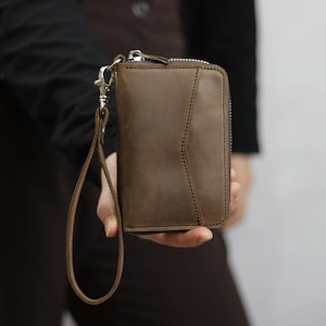 Genuine Leather Zippered Wallet With a Wrist Strap, Leather Small Wallet with Neck & Wrist Strap, Handmade Leather Mini Card Slots Purse