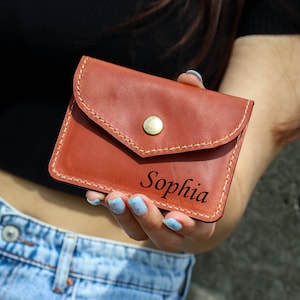 Minimalist Leather Credit Card Holder, Slim Mini Pocket Card Purse, Personalized Leather Card Sleeve, Leather ID Case with Wrist Strap