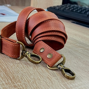 Genuine Leather Shoulder Strap with Swivel Hooks, Removable Crossbody Strap, Rotating Clasp Strap, Detachable Adjustable Leather Crossbody Strap: Antique Brass Swivel Hooks, 1" wide