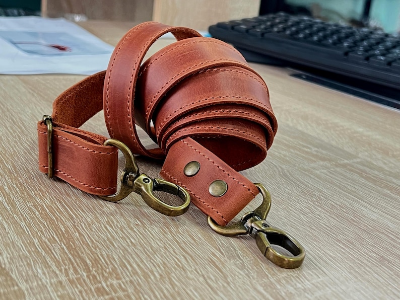 Genuine Leather Shoulder Strap with Swivel Hooks, Removable Crossbody Strap, Rotating Clasp Strap, Detachable Adjustable Leather Crossbody Strap: Antique Brass Swivel Hooks, 1" wide