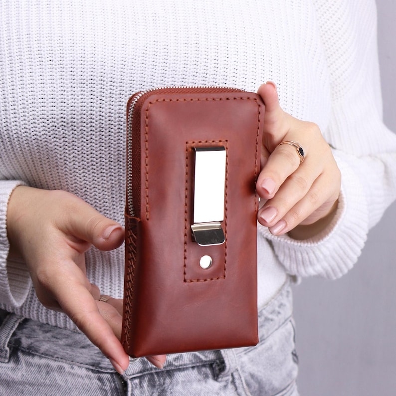 Natural Leather Smartphone Holder/ Holster With Belt Clip/ Personalized Handmade iPhone 16 Case/ Minimalist Cover Phone With Around Zipper