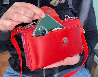 RFID Personalized Crazy Horse Leather Crossbody Phone Wallet: Double Zip Purse with Adjustable Strap
