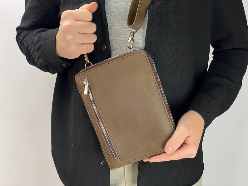 Genuine Leather Messenger Bag For Men, Crossbody Double Phone Wallet Bag: Crazy Horse Leather, RFID, Handmade, Personalized Men's Shoulder Purse