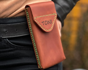 Custom Fit Crazy Horse Leather Belt Phone Case, iPhone Holster, Handmade Smartphone Belts Pouch