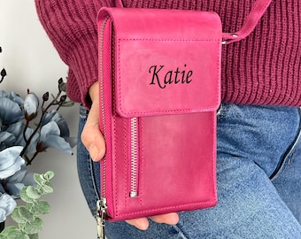 Personalized Leather Crossbody RFID Zipper Wallet Bag, Handmade Shoulder iPhone Purse, Genuine Crazy Horse