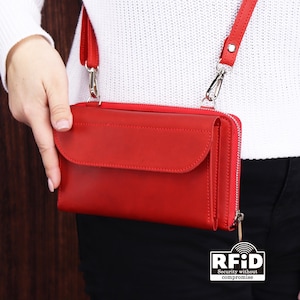 Handmade Leather Zippered Wallet Purse With Shoulder Strap, Cowhide Leather RFID Blocking Wallet, Leather Small Crossbody iPhone Wallet Bag