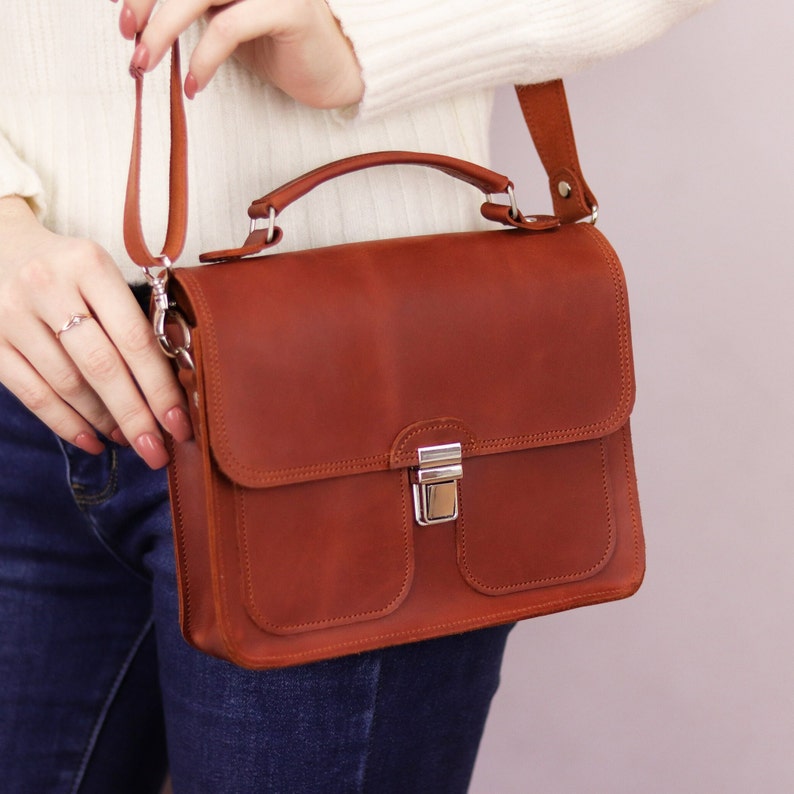 Handmade Leather Documents Briefcase /Small Top Handle Bag / Brown Shoulder Handbag / Mini Leather Satchel Bag / Personalized Crossbody Bag image 2
