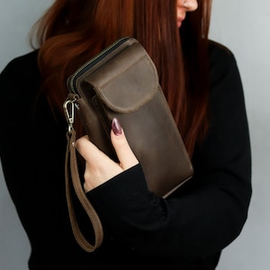 Genuine Leather Zip Around Travel Wallet with Wrist Strap, Handmade Leather Travel Organizer, Leather Documents Purse & Front iPhone Pocket
