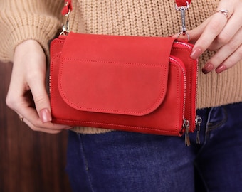 Handmade Leather Crossbody RFID Wallet: Zip Shoulder Purse with Card Slots & iPhone Zipper Pocket