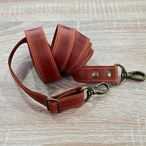 Genuine Leather Shoulder Strap with Swivel Hooks, Removable Crossbody Strap, Rotating Clasp Strap, Detachable Adjustable Leather Crossbody Strap: Antique Brass Swivel Hooks, 1" wide
