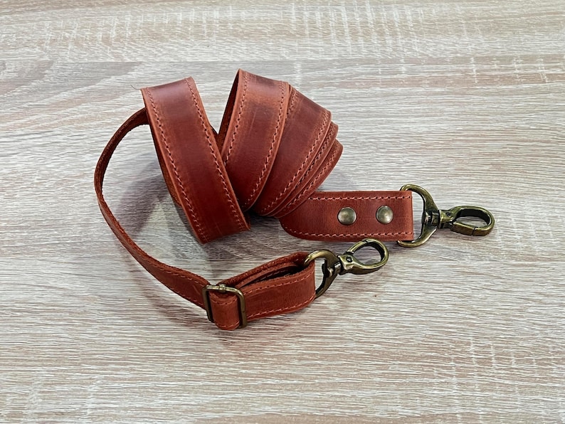 Genuine Leather Shoulder Strap with Swivel Hooks, Removable Crossbody Strap, Rotating Clasp Strap, Detachable Adjustable Leather Crossbody Strap: Antique Brass Swivel Hooks, 1" wide