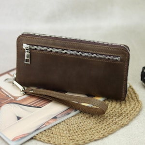 Handmade Leather Long Purse Wallet with Wristlet, Wallet With Wrist Strap, Wallet with Zip Around, Brown Genuine Leather Card Slots Purse