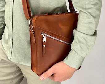 Crazy Horse Leather Messenger Bag: Handmade Men's Crossbody Bag, Personalized Zippered Shoulder Phone Purse