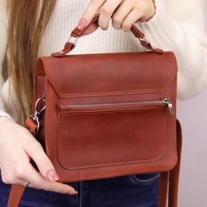 Handmade Leather Documents Briefcase /Small Top Handle Bag / Brown Shoulder Handbag / Mini Leather Satchel Bag / Personalized Crossbody Bag image 4