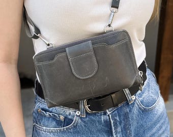RFID Personalized Crazy Horse Leather Crossbody Phone Wallet: Double Zip Purse with Adjustable Strap