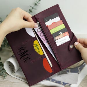 Handmade Bifold Long Leather Wallet, Genuine Leather Cash Purse, Women's Slim Credit Card Wallet & Zipper Coins Pocket With Button Closure