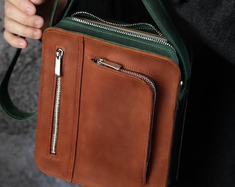 Leather Messenger Bag with Phone Pocket - Men's Leather Crossbody Purse, Everyday Travel & Shoulder Organizer