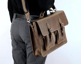 Personalized Leather Messenger Bag, Handmade Crazy Horse Leather Briefcase, Custom Laptop Crossbody Travel Purse