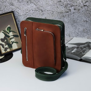Personalized Leather Men’s Small Messenger Bag With Zip Phone Pocket, Handmade Leather Crossbody Bag, Vintage Leather Shoulder iPhone Bag