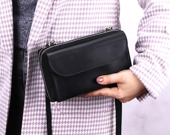 RFID Leather Travel Wallet Purse & Shoulder Strap, Crazy Horse Leather Crossbody Double Zipper Organizer