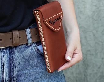 Personalized Leather Phone Holster for Belt & Metal Clip, Custom Size Case for Any Phone, Handmade Crazy Horse Leather Pouch, Hand Stitched