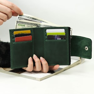 Handmade Leather Wallet With Zippered Coin Pocket & Credit Cards Slots And Cash Pocket Inside, With RFID Blocking Leather Bifold Flap Wallet