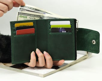 Handmade Crazy Horse Leather Wallet: RFID Bifold with Coin Pocket, Custom Monogram