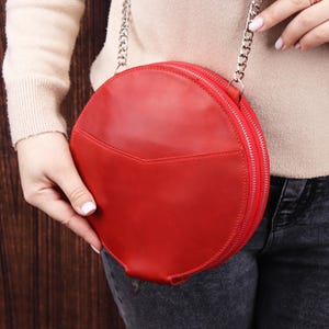 Handmade Women's Circle Leather Bag, Double Round Crossbody Wallet, Genuine Leather Bag with Card Slots, Small Red Shoulder Purse for iPhone
