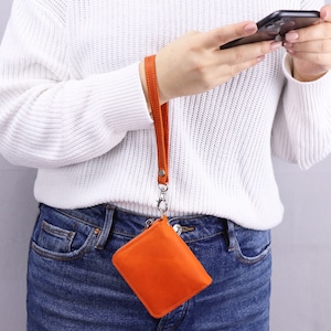 Genuine Leather Small Zippered Wallet with Wrist Strap, Handmade Personalized Minimalist Wristlet Purse, Leather Compact Zip Around Wallet