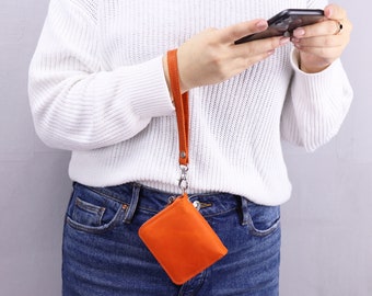 Cartera pequeña con cremallera alrededor de cuero para mujer/mini cartera de mano/billetera de pulsera minimalista personalizada/billetera compacta con grabado naranja para mujer