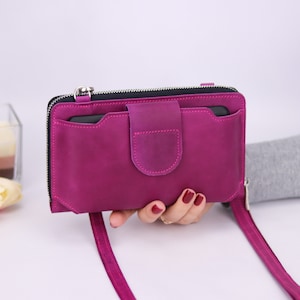 Cartera de viaje crossbody pequeña/bolso de hombro para iPhone 15 Pro Max/bolso de cuero genuino personalizado para mujer/bolso hecho a mano con cremallera alrededor/ imagen 7