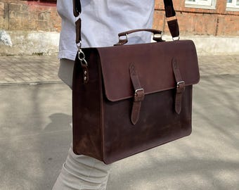 Personalized Crazy Horse Leather Messenger Bag, Custom 15" Laptop Briefcase, Handmade Shoulder Teacher Bag