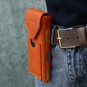 Genuine Leather Phone Case With Metal Belt Clip, Handmade Leather Belt Holster For iPhone 15 16 Pro Max with Card Slot, Custom Phone Cover