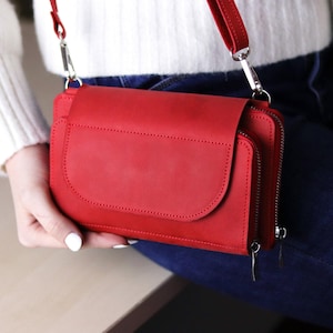 Natural Leather Crossbody Wallet Purse & Card Slots, Shoulder Zip Wallet, Handmade Crossbody Bag with Pocket for iPhone 15, 16, 17, Pro, Max