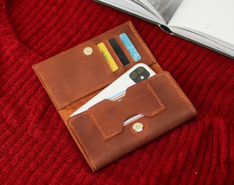 Personalized Leather Bifold Wallet with Phone Pocket & RFID Blocking, Custom Engraving, Handmade Mens Purse