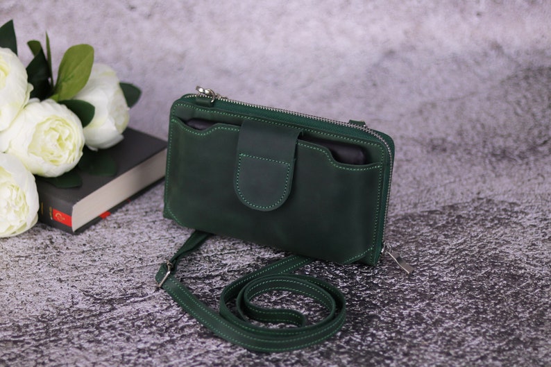 Leather Crossbody Bag for iPhone 12 / 13 / 14 / 15 Pro Max Shoulder Phone Wallet / Handmade Bag / Travel Zip Wallet / Shoulder Strap Purse image 7