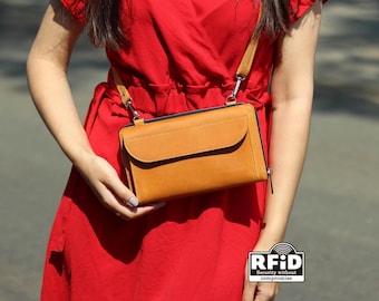 Handmade Leather Crossbody iPhone Wallet: RFID Blocking, Engraved Crazy Horse Leather Shoulder Phone Purse