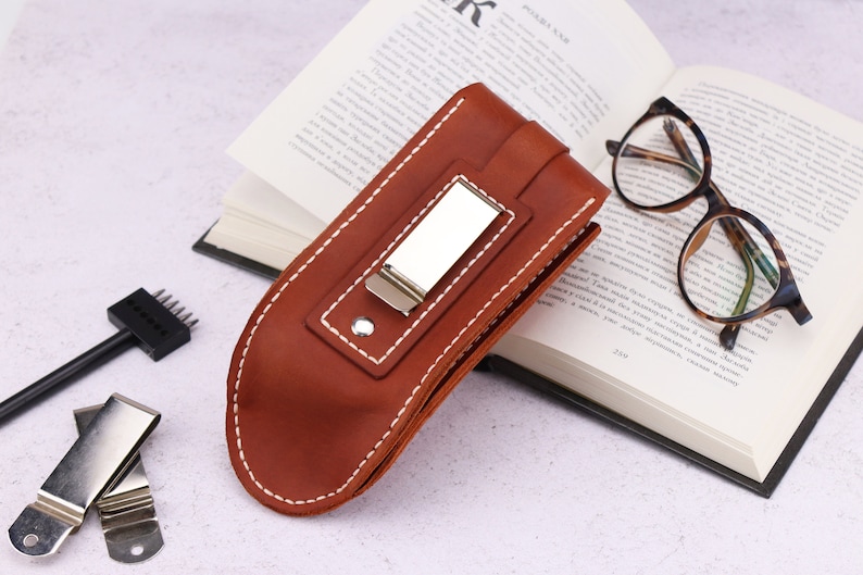 Double Handmade Leather Glasses Case / Personalized Sunglasses Holster On Belt Clip / Customized Eyeglasses Cases / Minimalist Glasses Cover image 3