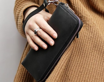 Personalized Crazy Horse Leather Long Wallet - RFID Bifold with Wrist Strap