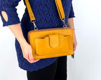 Personalized Handmade Leather Crossbody Purse for Kindle, E-Reader: RFID Double Zipper Shoulder Phone Wallet