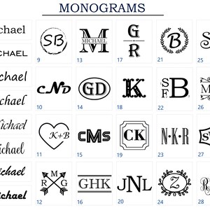 Op de afbeelding: Een raster met 28 zwart-witte monogrammen. Elk ontwerp bevindt zich in een vierkant vak met een nummer eronder. De ontwerpen omvatten initialen, namen en symbolen.