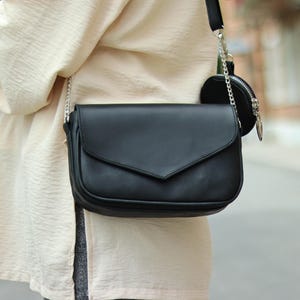 Handmade Leather Envelope Style Crossbody Bag With Silver Chain Leather Strap & Small Round Leather Coin Purse, Small Leather Shoulder Bag