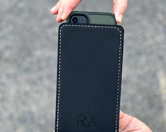 Hand-Stitched Crazy Horse Leather Phone Holster, Handmade Belt Case With Metal Clip, Custom Fit