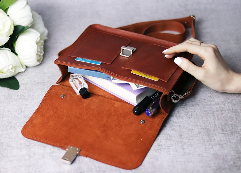 Handmade Leather Documents Briefcase /Small Top Handle Bag / Brown Shoulder Handbag / Mini Leather Satchel Bag / Personalized Crossbody Bag image 3