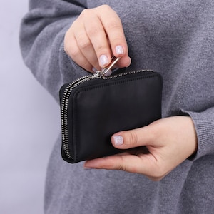 Zip Around Leather Wallet / Small Pocket Wallet/ Credit Card Wallet/ Women's Wallets / Mini Leather Purse/ Engraved Wallet/ Black Coin Purse