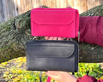 Personalized Leather Crossbody iPhone Bag: Zippered Phone Wallet, RFID Card Slots Built in Wallet