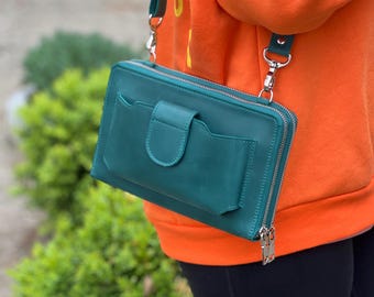 Crazy Horse Leather Shoulder Wallet Purse: RFID & Double Zipper Compartments, Handmade Kindle Crossbody Bag