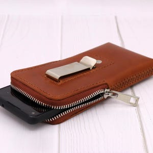 Handmade Leather Smartphone Holster: Zip Case with Belt Clip, Personalized image 15