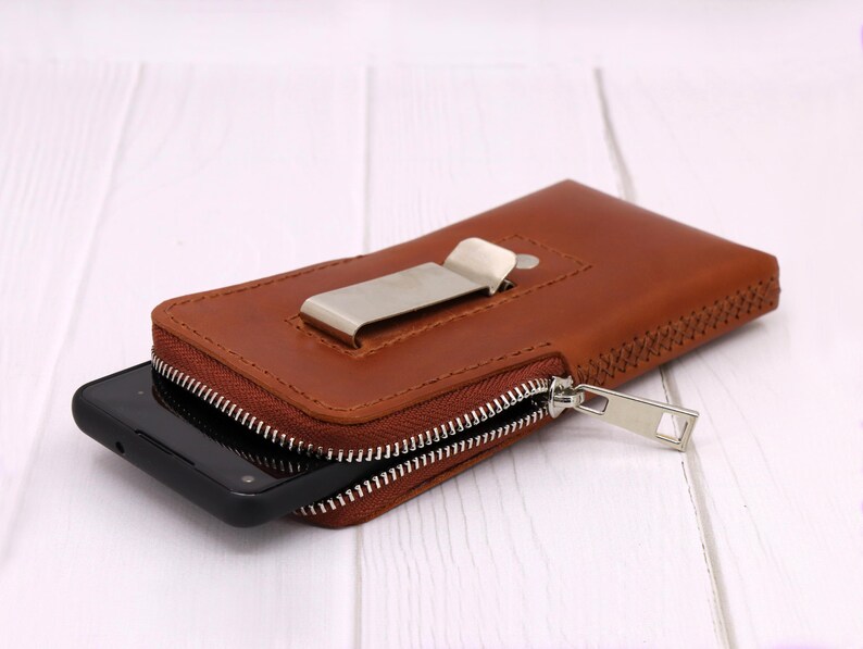 Handmade Leather Smartphone Holster: Zip Case with Belt Clip, Personalized image 15