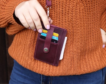 Portefeuille compact en cuir pour cartes de crédit / Mini porte-cartes de visite en cuir / Porte-cartes de visite avec dragonne et tour de cou / Porte-cartes minimaliste